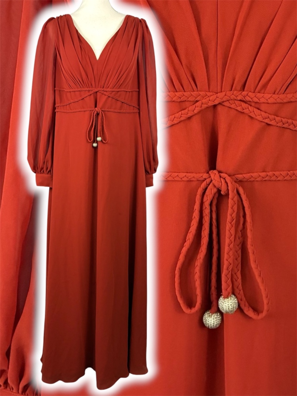 Medieval Cottagecore Gown L Balloon Sleeve Rust Orange Braided Waist Tie Chiffon
